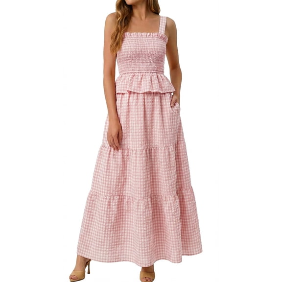 KDDYLITQ 2 Piece Sets for Women Summer Plaid Sleeveless Ruffle Hem Tops Flowy Skirts Matching Casual Outfits with Pockets Pink M
