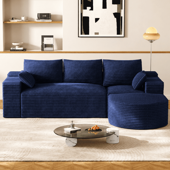Wiilayok 108" L Shaped Sectional Sofa, Corduroy Modular Cloud Couch with Curved Ottoman, Deep Seat for Living Room Apartment, ,No Assembly,Blue