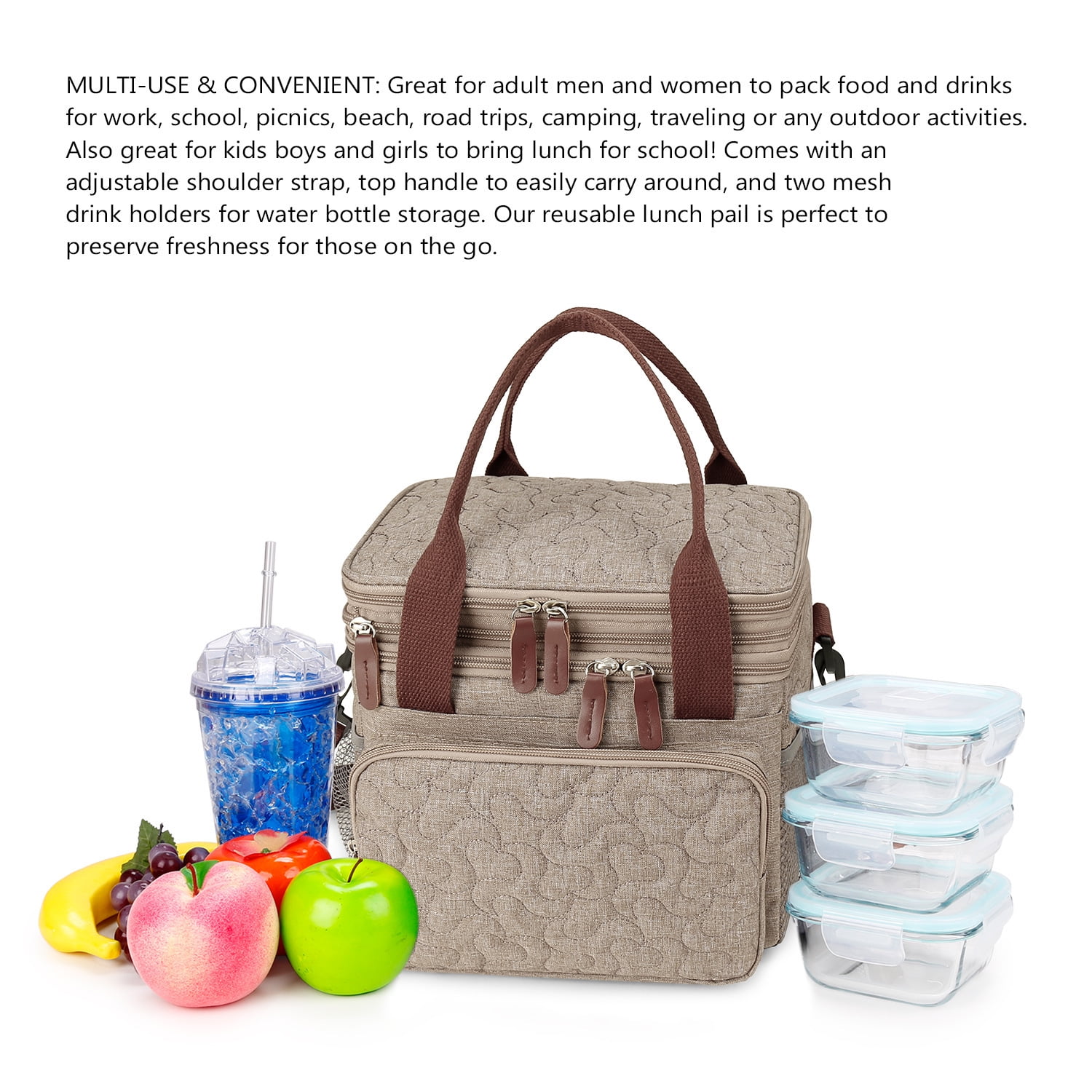 Insulated Lunch Bag Lunch Box Expandable Double Deck Cooler Bag Leakproof Side Tissue Pocket, Adjustable Shoulder Strap for Picnic Camping Hiking School Work, Khaki