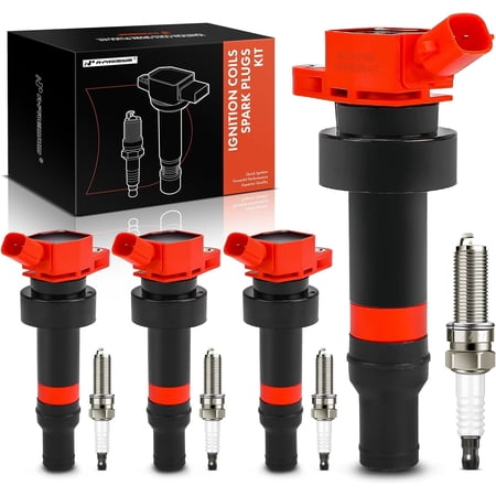 A-Premium (Red) Ignition Coil Pack and Iridium Spark Plugs Compatible with Hyundai & Kia Vehicles - Veloster, Accent, Rio, Soul, 1.6L 4 Cyl 2012-2019 - Replaces 273012B100, Set of 4