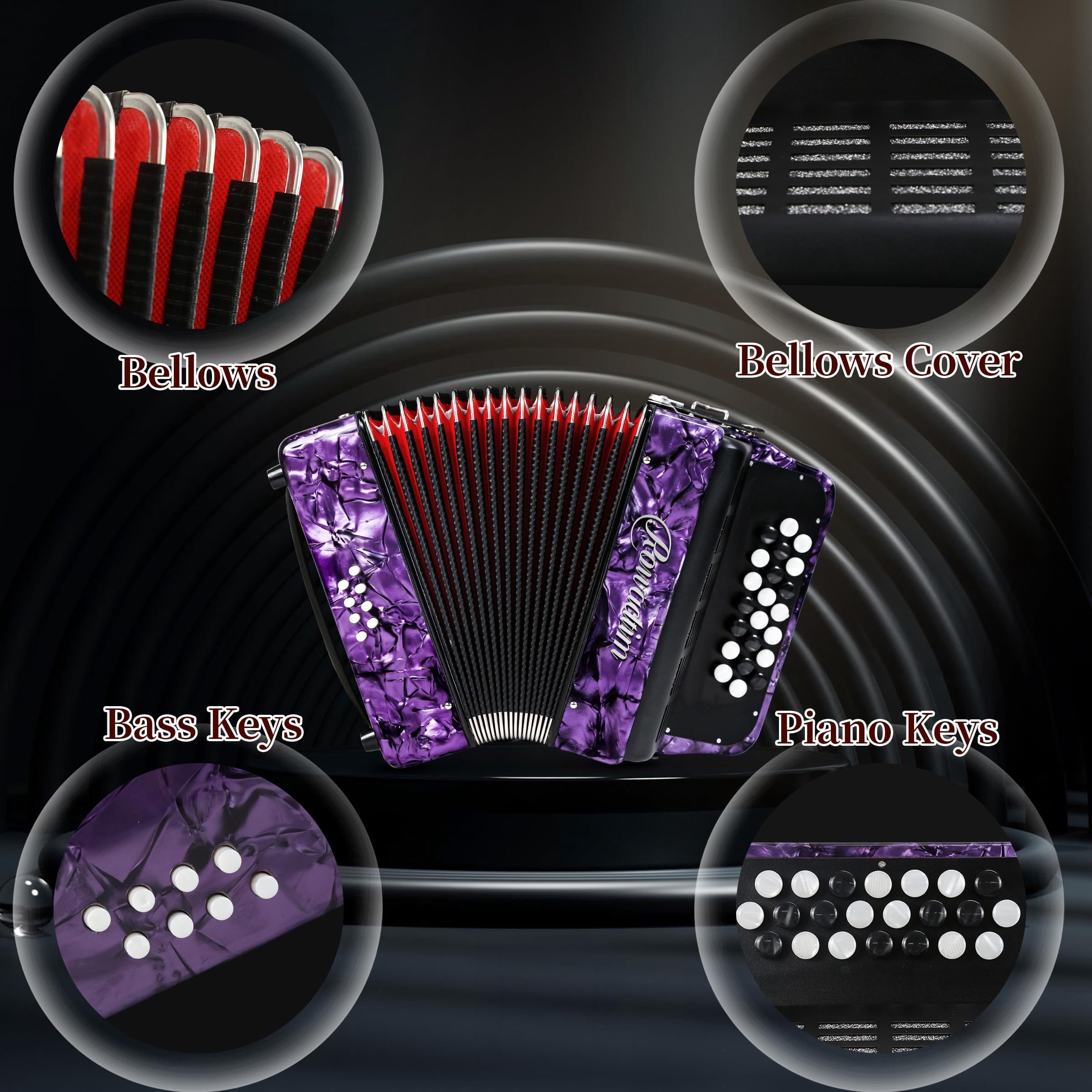 Rowadtim 22 Keys Accordion, 8 Bass Student Piano Accordions Suitable for Beginners and Students; Lightweight and Portable, with  Backpack and Adjustable Straps ( Purple)