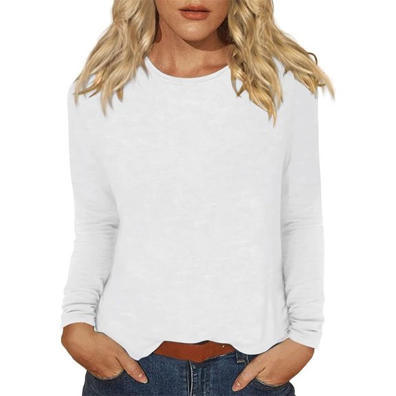 Tiqkatyck Womens Fall Shirts, Womens T Shirts Long Sleeve Shirts Crew Neck Shirts Basic Tee Sort Comfy Printed Tops Blouse Fall Shirts for Women 2024, White Shirt Women L