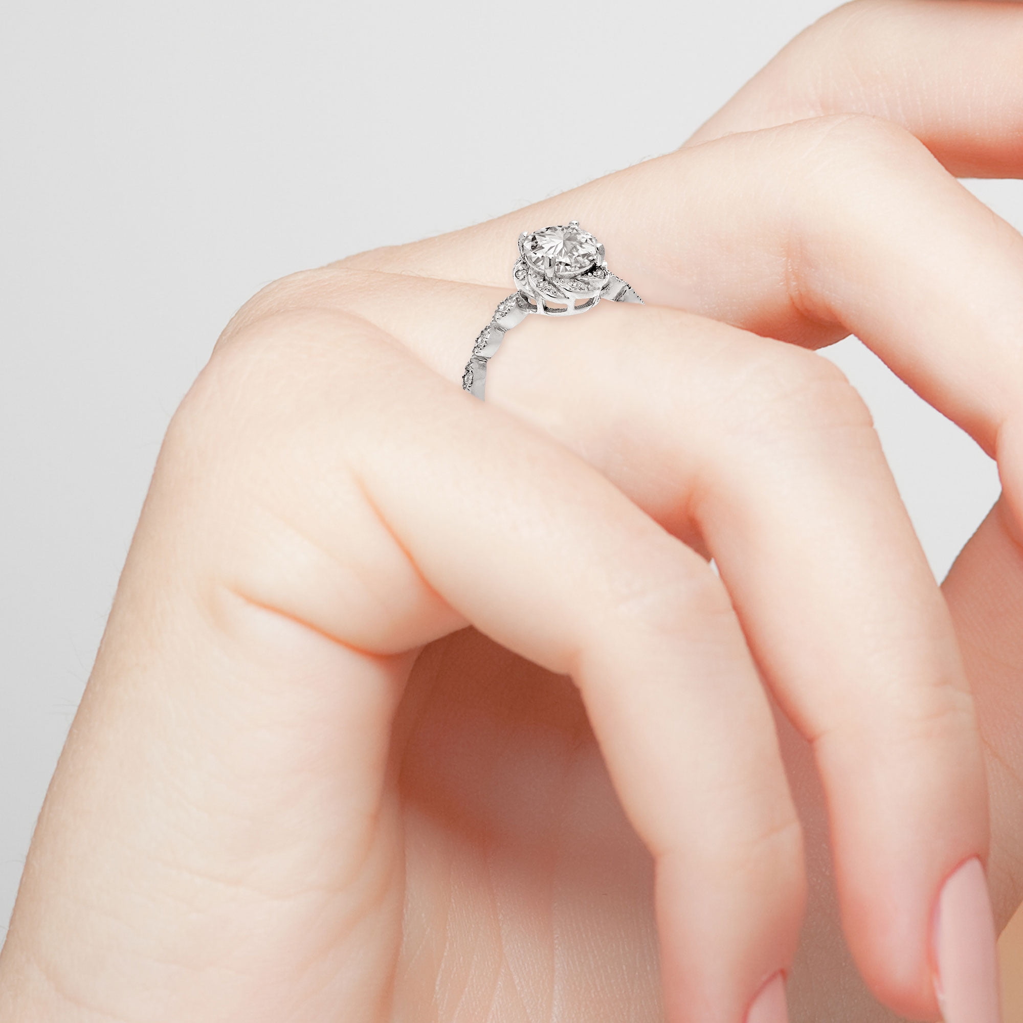 Vow & Forever Personalized Bridal Platinum over Sterling Silver White Topaz with Halo Diamond Accent Engraved Engagement Ring