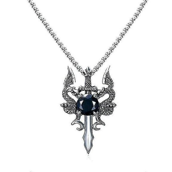 Retro Black Zircon Double Dragon Sword Pendant Necklace For Men Punk Hip Hop Trend Jewelry Gift