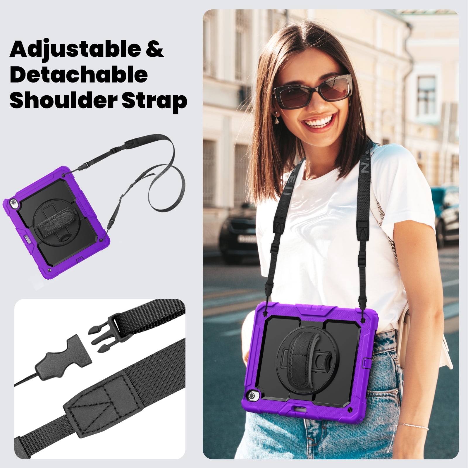 Allytechgroup iPad Air 13 2024 Case with Screen Protector / Shoulder Strap/ Pencil Holder, Heavy Duty Shockproof Rugged Handle Kickstand Bumper Case Cover for Apple iPad Air 13 Inch 2024 M2,Purple