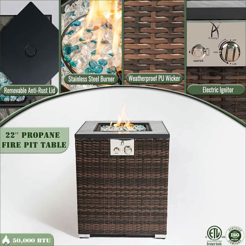 Spaco 24" Square Propane Gas Fire Pit Table, 50000 BTU Fire Pit with Tile Tabletop and Beautiful Wicker Base for Patio, Backyard, Brown