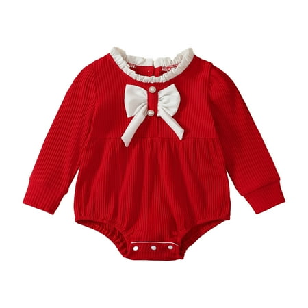 

B91xZ Baby Bodysuit Girls Long Sleeve Ruffles Ribbed Bowknot Pullover Romper Sweatshirt Bodysuits (Sizes 6-9 Months)