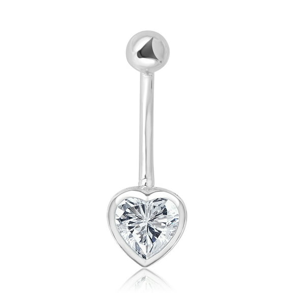 AVORA 10K White Gold Simulated Diamond CZ Bezel Heart Belly Button Ring Body Jewelry (14 Gauge)