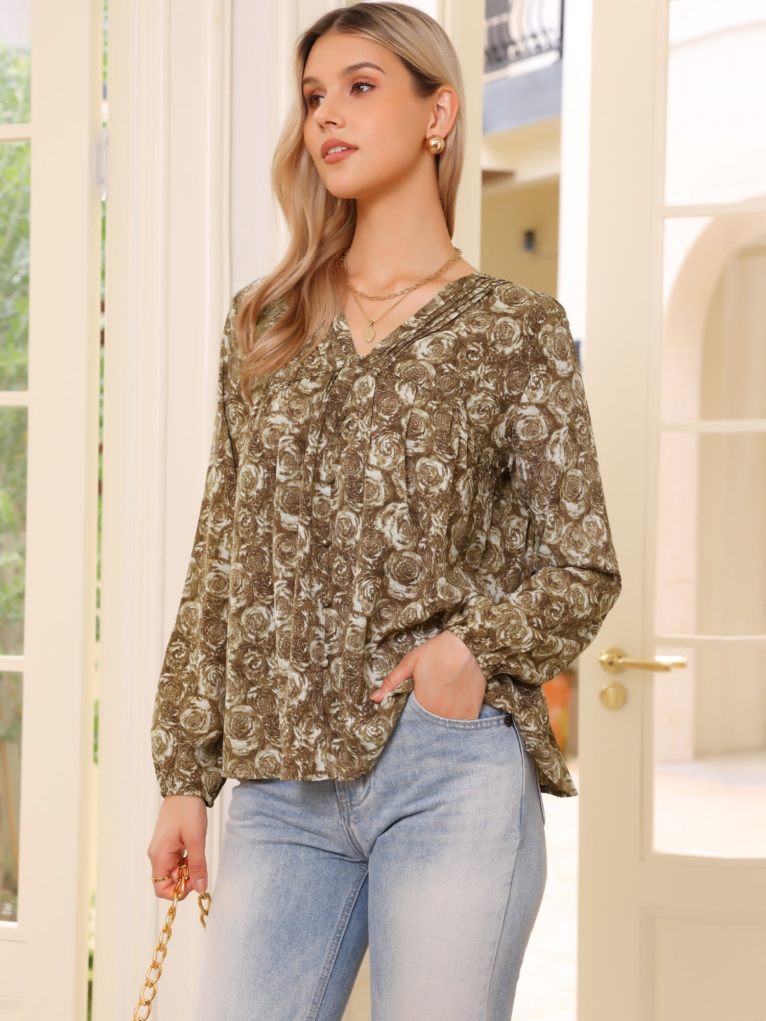 DARING DIVA Women's V Neck Floral Casual Long Sleeve Blouse S Light Brown