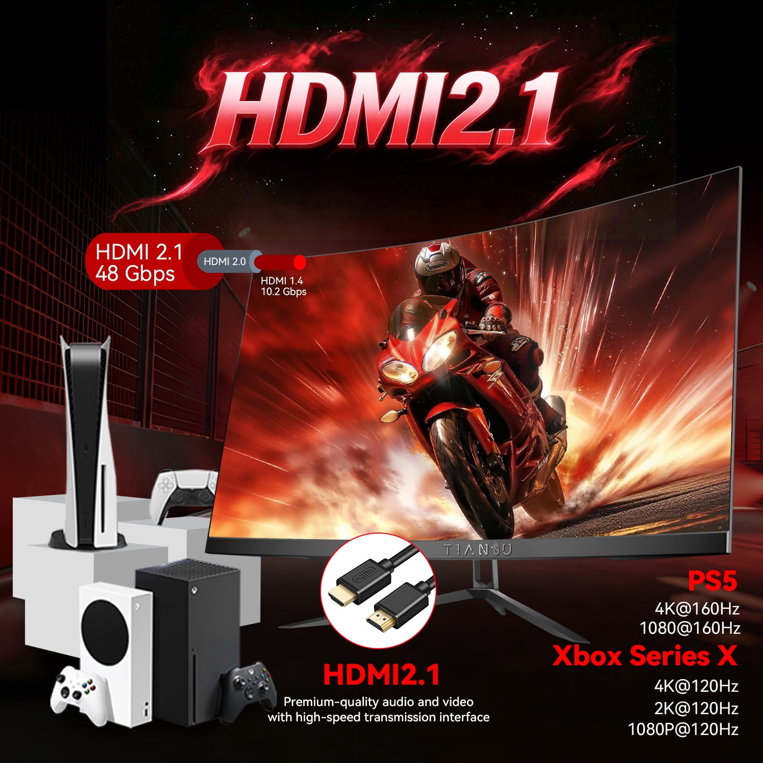 ETiansu 32-Inch Curved 4K Gaming Monitor, 160Hz VA Panel, 1ms, HDMI 2.1, AMD FreeSync & G-Sync Compatible, HDR400, Built-in Speakers, VESA
