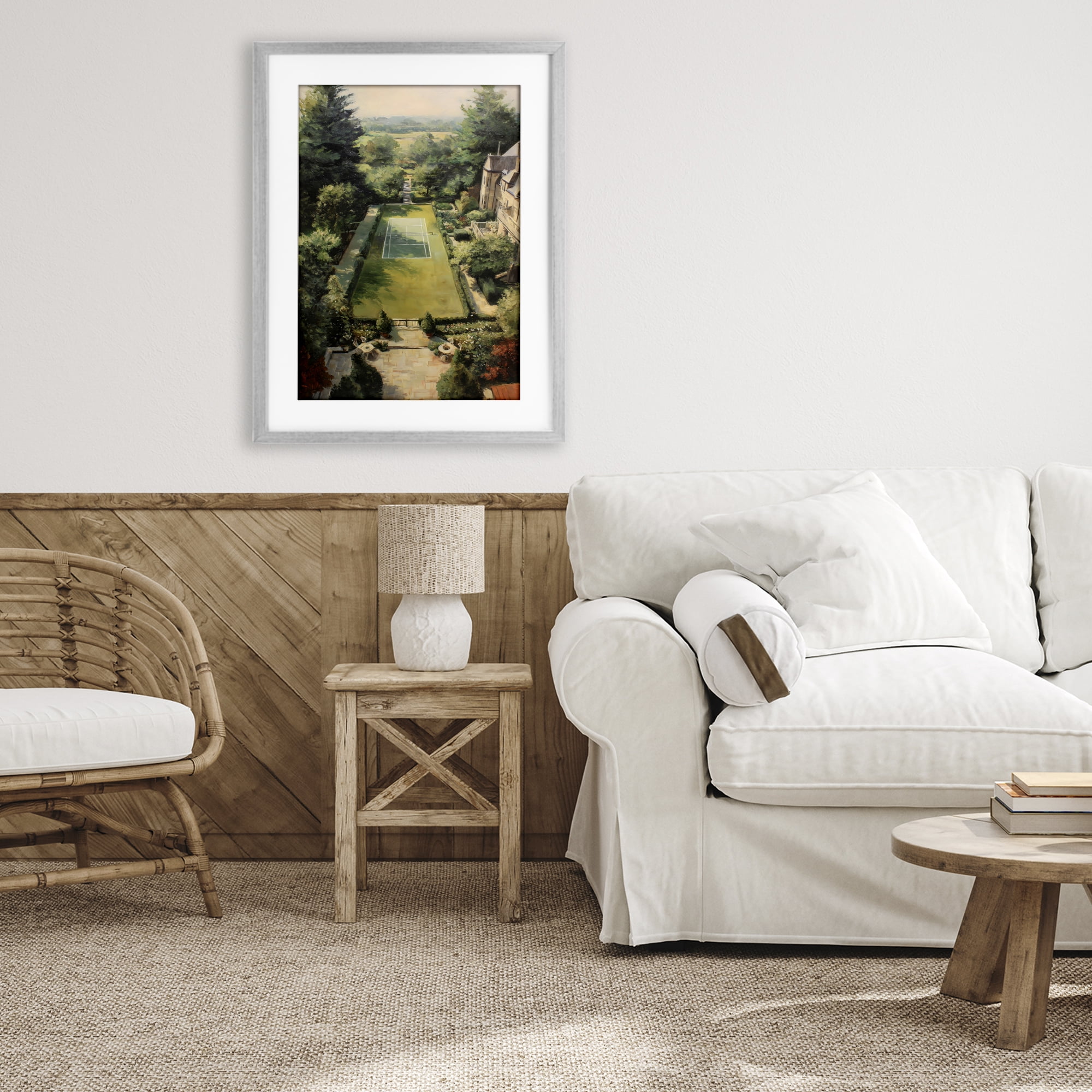 Stupell Industries Vintage Tennis At The Manor Gray Framed Print Under Glass, design by Petal Prints Design