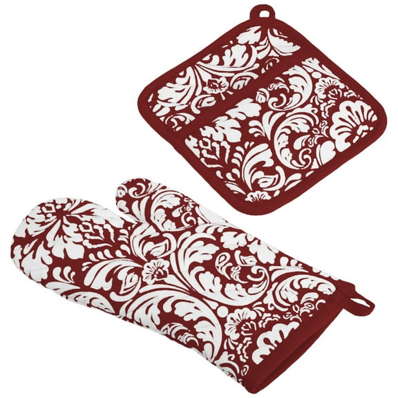 Design Imports Wine Damask Oven Mitt & Potholder Set