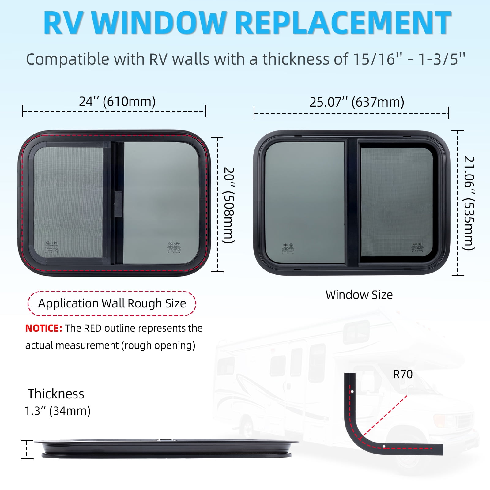 RV Window for Trailer Camper, 24" W x 20" H, Bronze, Passenger's Side, Tempered Glass, Compatible with RV, 0.9375" Thick Walls