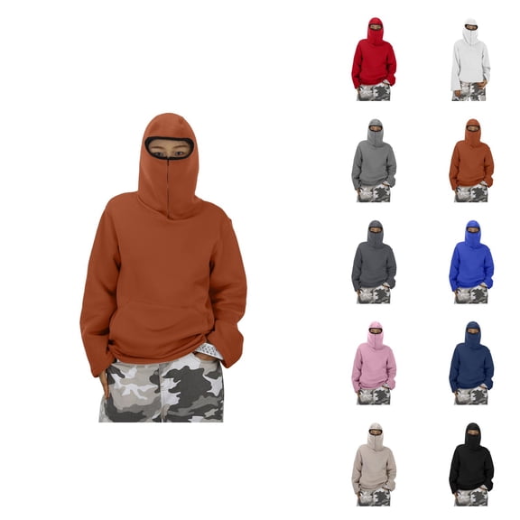 Kids Masked Hoodie Long Sleeve Fall Winter Fashion Plain Hooded Sweatshirt with Pockets Boys Girls Pullover Tops
