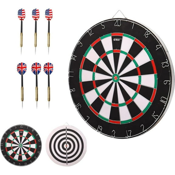 GSE Games & Sports Expert 18" 2-in-1 Flocking Bullseye & Dart Board Games Set. Double-Sided Dartboard with six 17G Steel Tip Darts