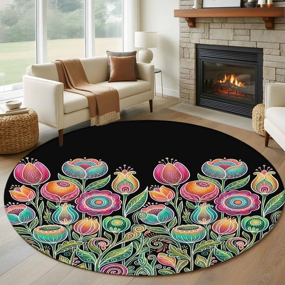Round Rugs 7Ft, Boho Tulip Flower Round Area Rug Washable Indoor Throw Carpet, Spring Watercolor Abstract Floral Plant Large Non Slip Circle Rug for Dining Room Playroom Home Decor Aesthetic