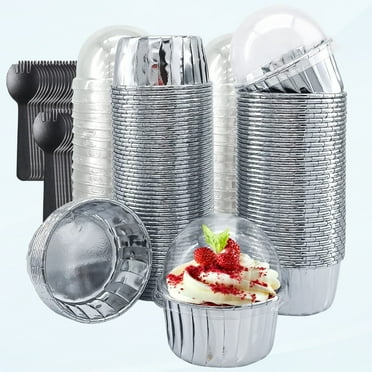 Foil Cupcake Liners with Dome Lids 100 Pack, 5.5 Oz Muffin Tin Muffin Cups, Disposable Ramekins Cups Wrap Holders, Large Baking Cups Muffin Liners,with Gold Brown Spoons