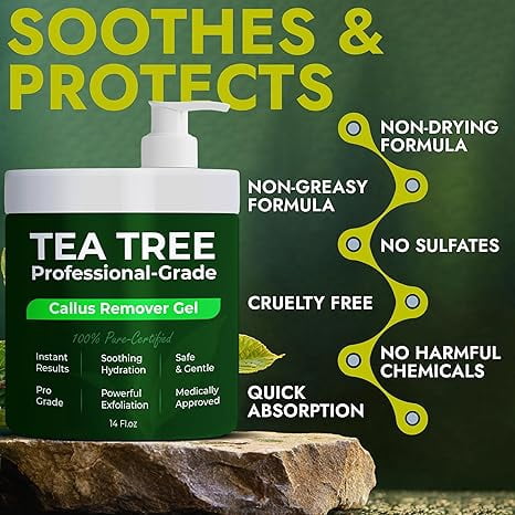 Tea Tree Callus Remover Gel | Professional-Grade Foot Exfoliant for Cracked Heels & Dry Feet | Instant Results & Soothing Hydration | Includes 3 Pumice Stones | 14 Fl Oz