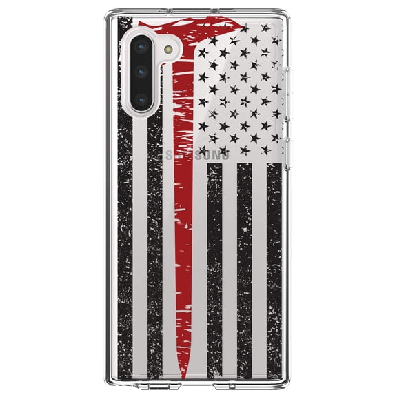 DistinctInk Clear Shockproof Hybrid Case for Samsung Galaxy Note 10 (6.3" Screen) - TPU Bumper, Acrylic Back, Tempered Glass Screen Protector - Weathered Thin Red Line US Flag With Axe Fire Fighters