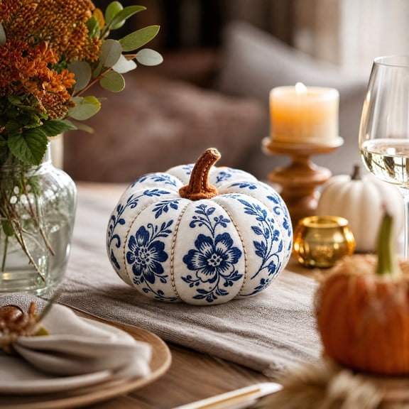Vintage Floral Cloth Pumpkin Decoration, Soft Fabric Pumpkin Shelf Ornament, Modern Farmhouse Tabletop Pumpkin Decor for Home Party Display