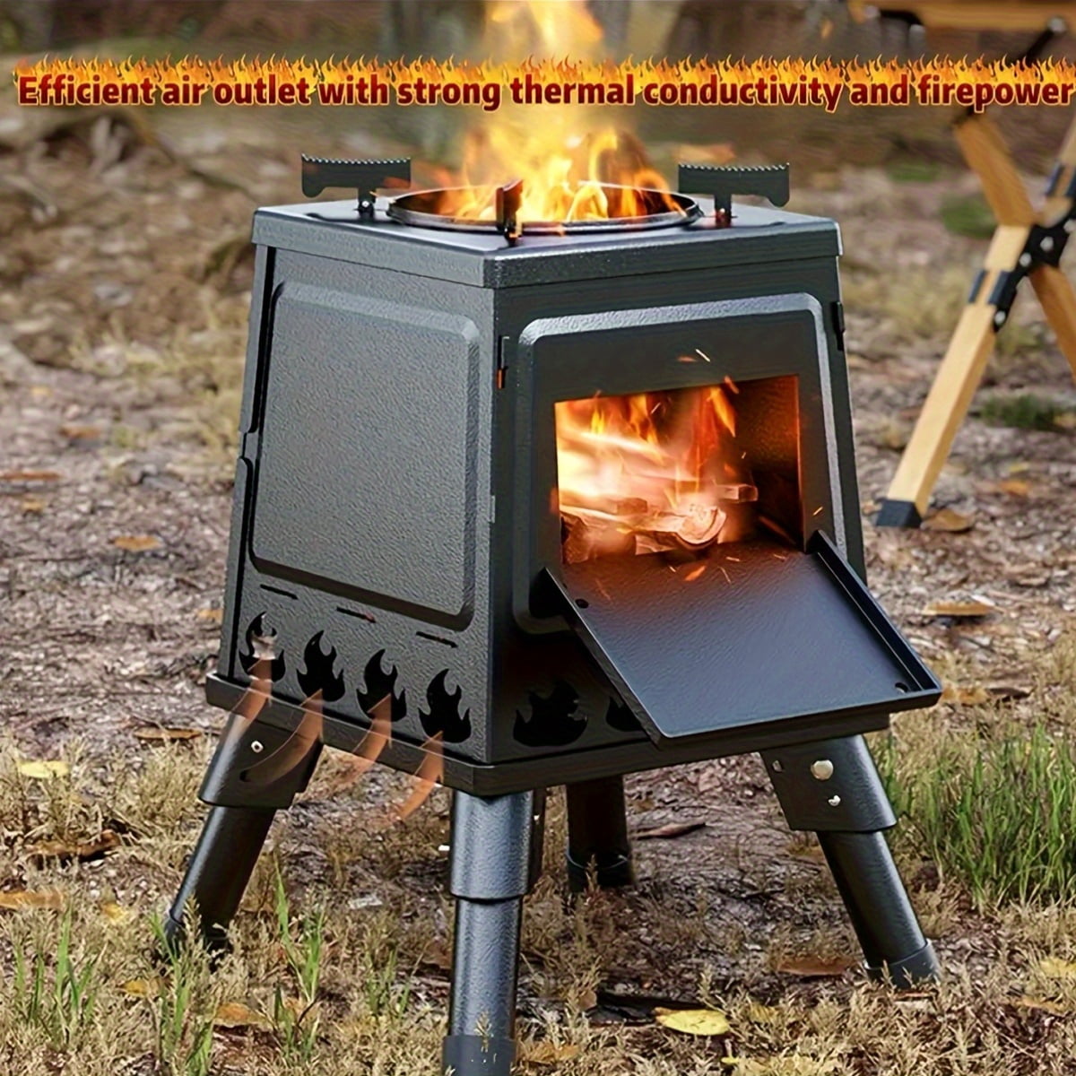 Portable Cast Iron Wood Burning Camp Stove - Heavy-Duty Outdoor Cookstove & Heater, Chimney/Air Vents/Sturdy Legs, Firewood/Charcoal Compatible, No Electricity, for Camping/Hiking/Picnic/BBQ