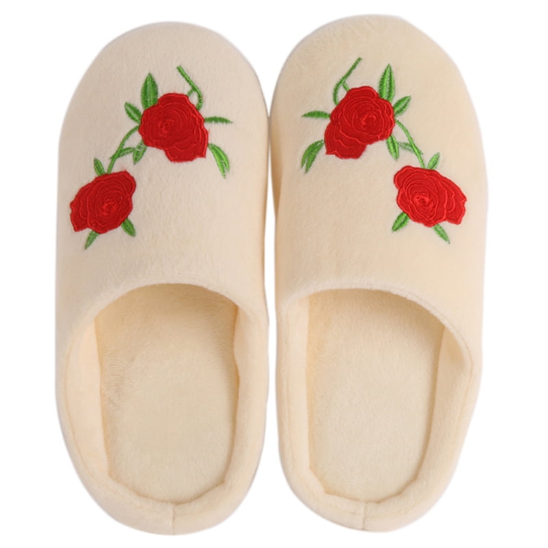 Red Ta Womens Winter Letter Embroidery Slippers Flat Indoor Soft Floor Shoes Girls House Bedroom Slipper 