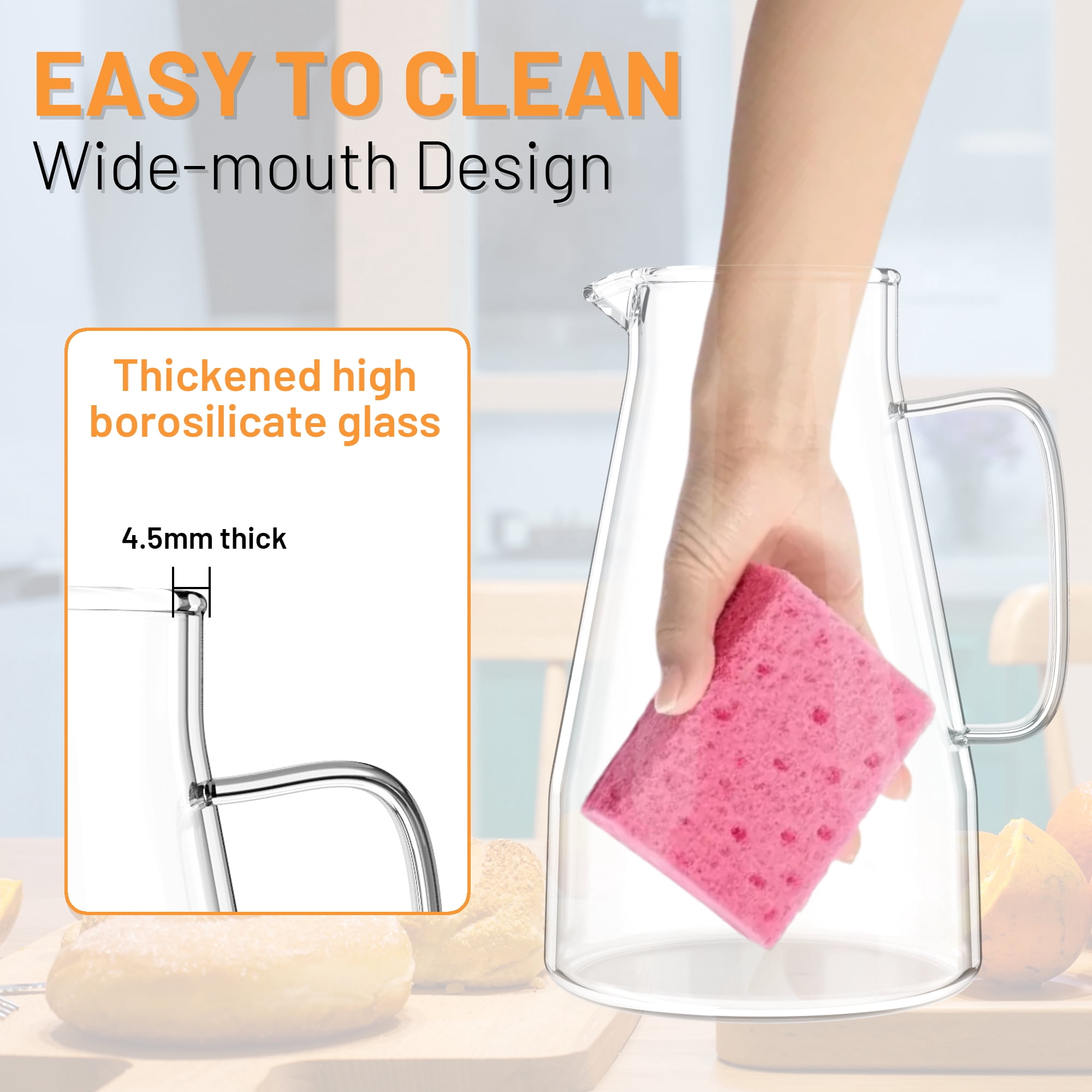 64 oz Glass Pitcher with Lid, Easy Clean Water Pitcher, Ice Tea Pitcher for Fridge, Glass Pitchers with Handle and Lid for Cold Brew, Iced Tea, Juice, Milk, Hot/Cold Beverages