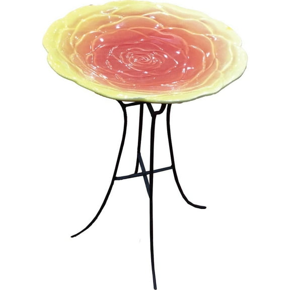 Harbor Gardens HQ77682357 22 in. High Ceramic Yellow Rose Birdbath with Metal Stand