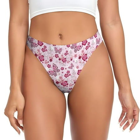 Thongs for Women - Flower butterfly pink No Show Seamless Womens Thongs Underwear  Soft Stretch G String Thongs for Women Cuteness Ladies Thong Bikini Panties Briefs