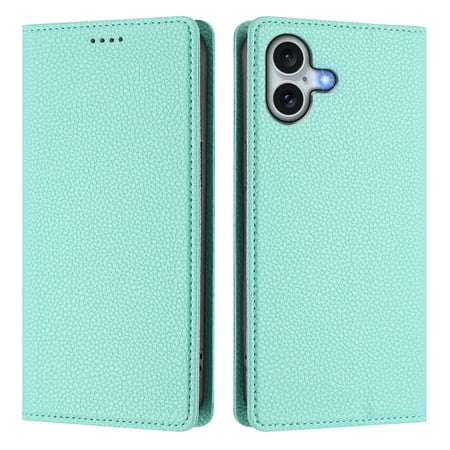 Magnetic Flip Wallet Case for iphone 16 plus,Compatible Card Holder with RFID Protection Built-in Stand TPU + PU Leather Phone Cover, Mint green