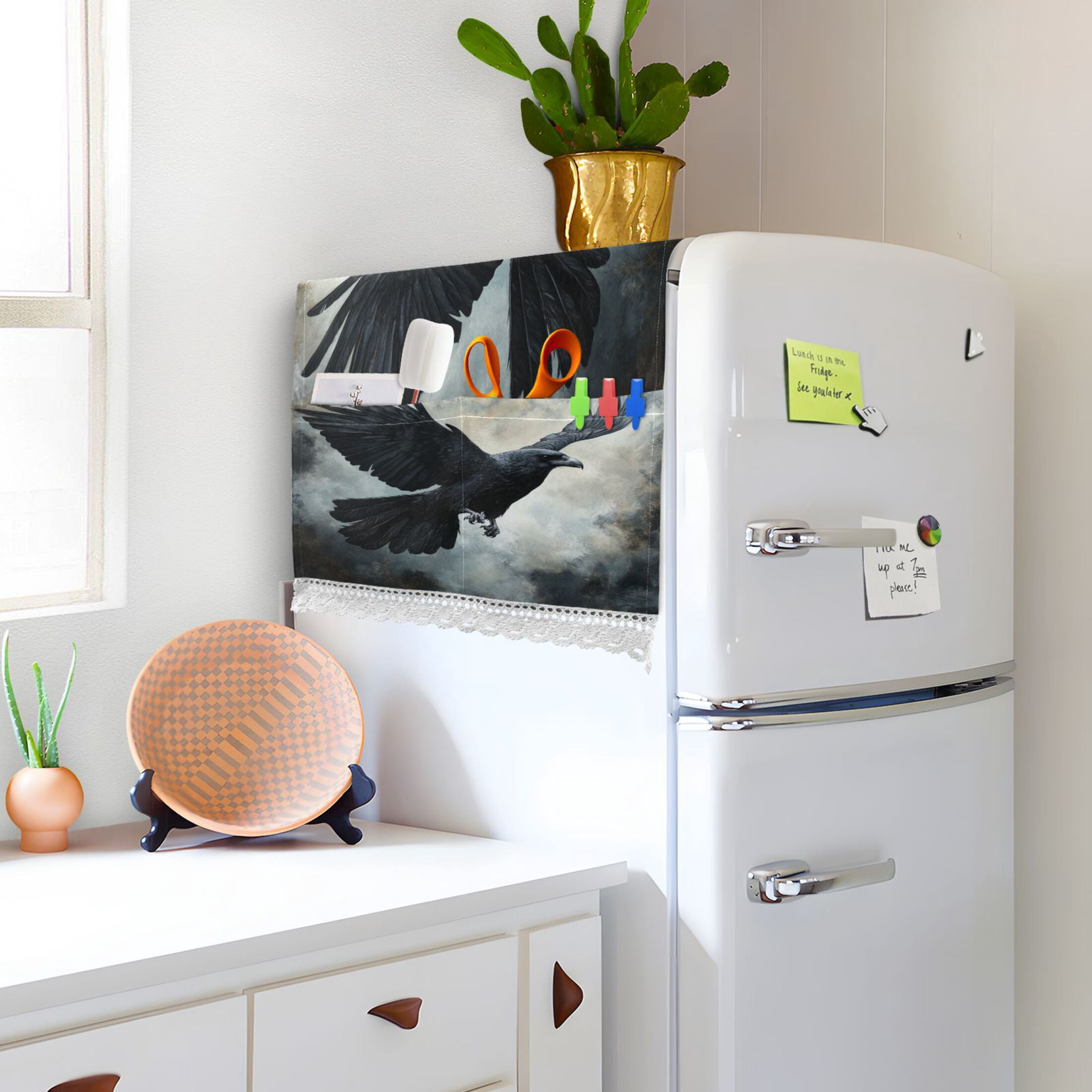 Black BirdWasher and Dryer Covers Dust-Proof and Oil Resistant Fridge Cover with 4 Storage Pockets Washing Machine Top Cover for Laundry Kitchen Home 51.2 x 22 In