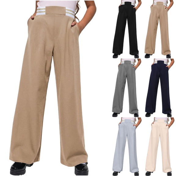 Stamzod Uniform Pants for Girls Fashion Striped High Waisted Wide Leg Dress Pants Casual formal Straight Leg Trousers with Pockets 15-16Years