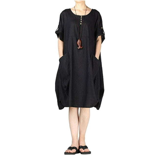 facefd Robe Ample Femme Manches Courtes Printemps Été Robe Col Rond Jupe Irrégulière Décontractée Couleur Unie Robes Longueur Genou Mode Noir TG