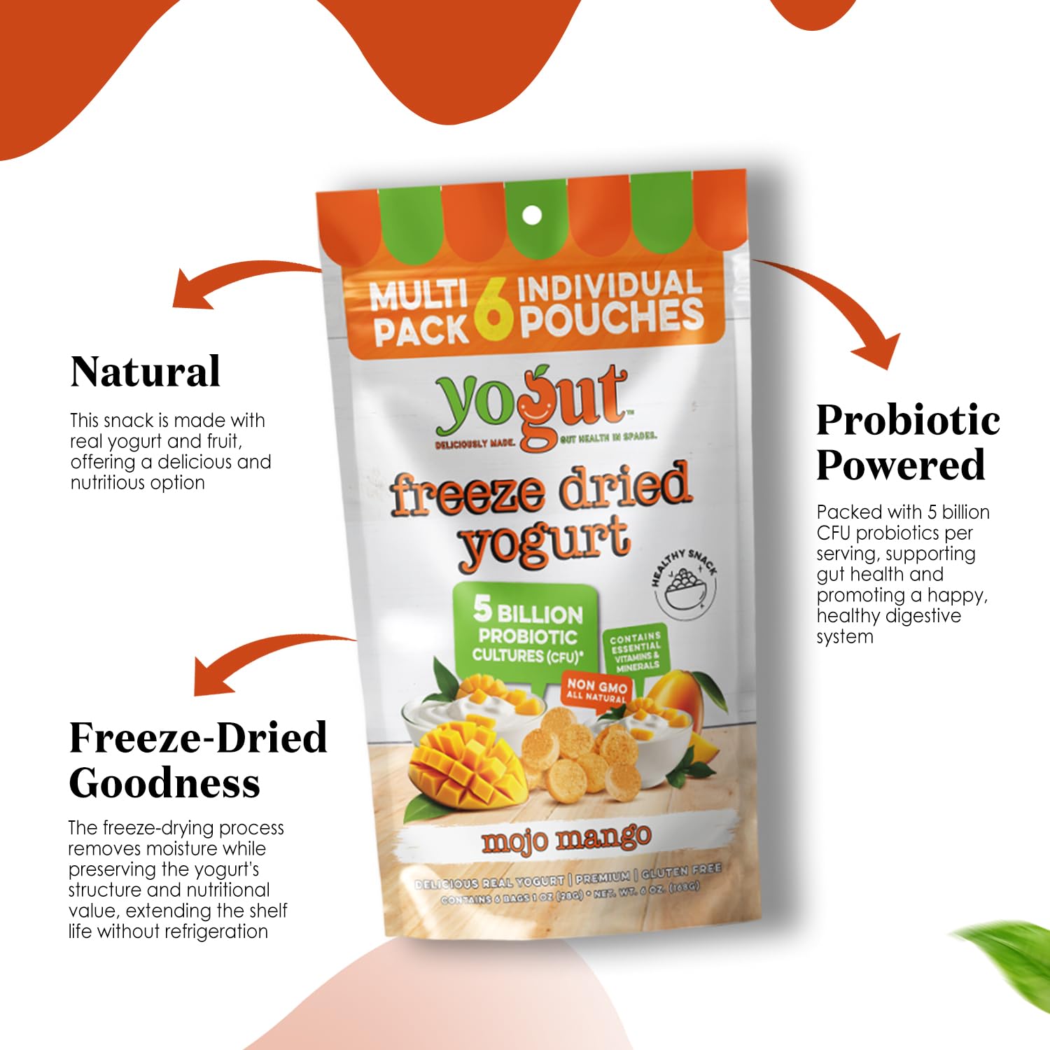 YoGut Freeze Dried Yogurt Snack Mango, 6 Pack, Crunchy Texture, Gluten Free, Non GMO, Probiotic Healthy Snack for Kids & Adults