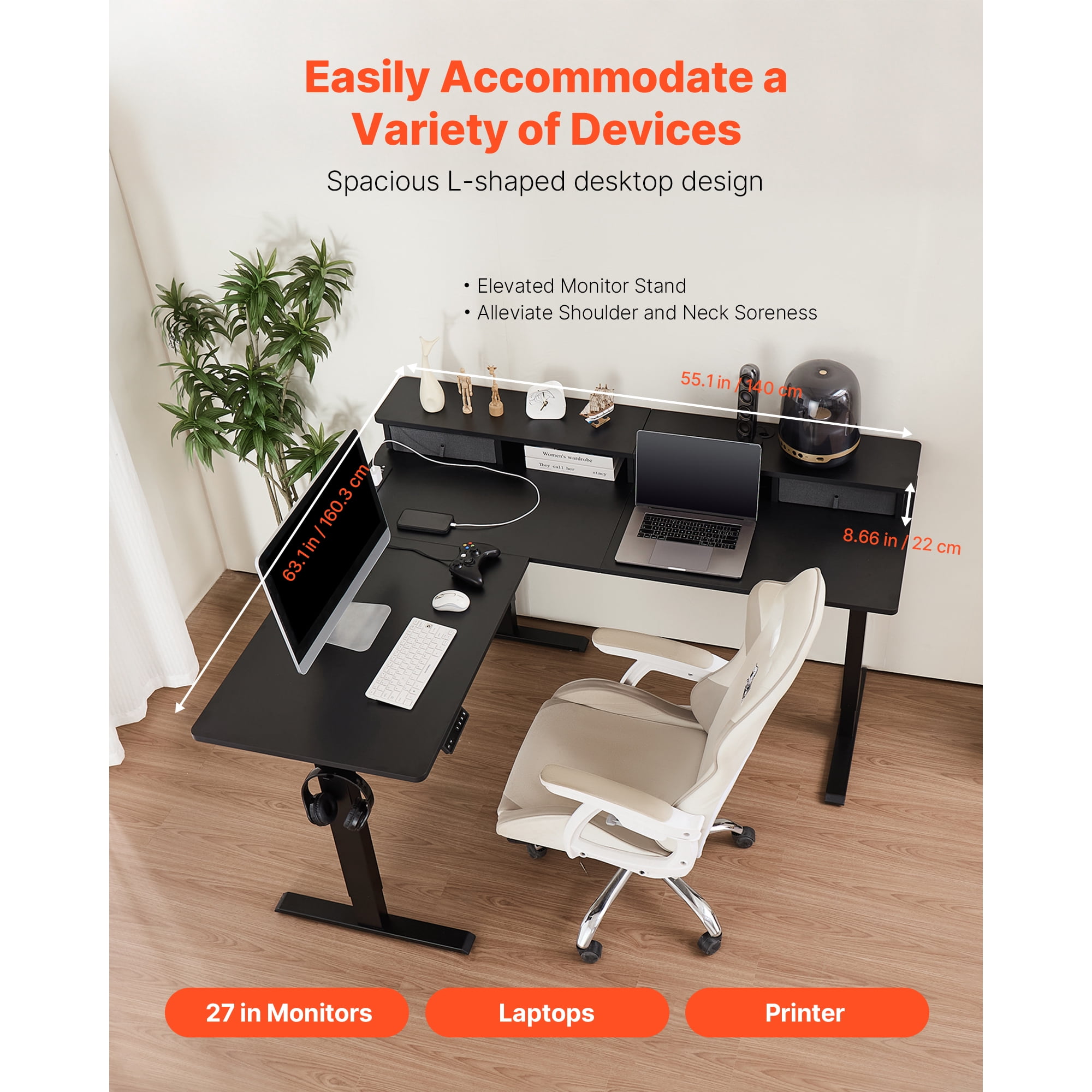 KFFKFF L-Shaped Electric Height Adjustable Desk, Corner Gaming Desk with CPU Stand, Dual Hooks, Fabric Drawers, and Light Strip, Computer Table for Home Office, Easy Assembly, Black