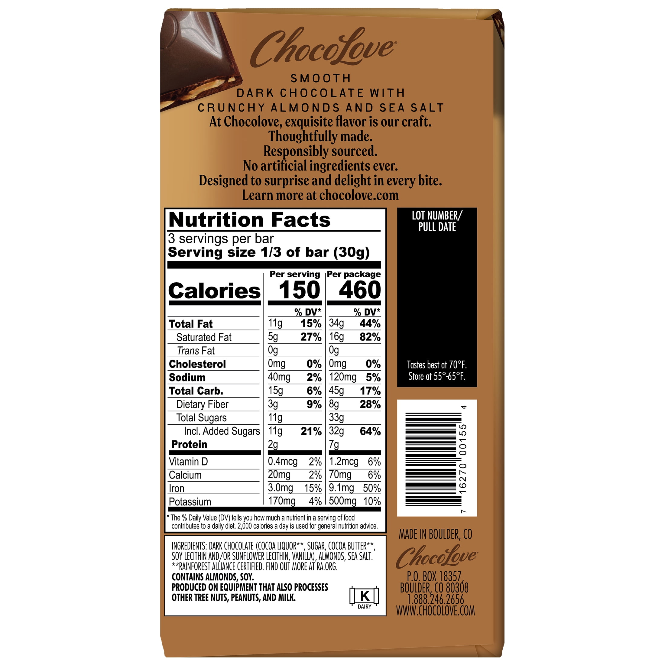 (2 pack) Chocolove Almonds & Sea Salt in Dark Chocolate, Contains Almonds, Soy, 3.2oz