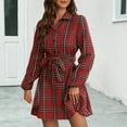 thumbnail image 2 of Annhoo Womens Plaid Dresses Classic Lapel Long Sleeve Button down Mini Dresses Fall Casual Tie Waist Short Dress, 2 of 8