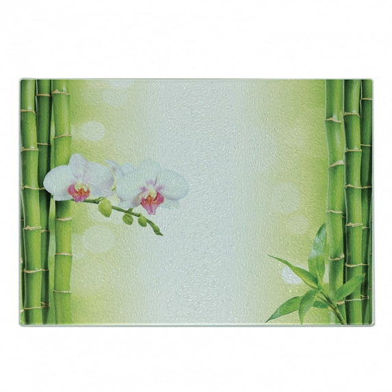 Spa Cutting Board, Orchid Flowers with Bamboo Branches in Vibrant Colors Practice Themes, Decorative Tempered Glass Cutting and Serving Board, Small Size, White and Green, by Ambesonne