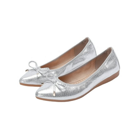 

Rotosw Ladies Walking Shoes Slip On Flats Soft Sole Casual Shoe Bow Pointy Toe Loafers Daily Comfort Silver 12C