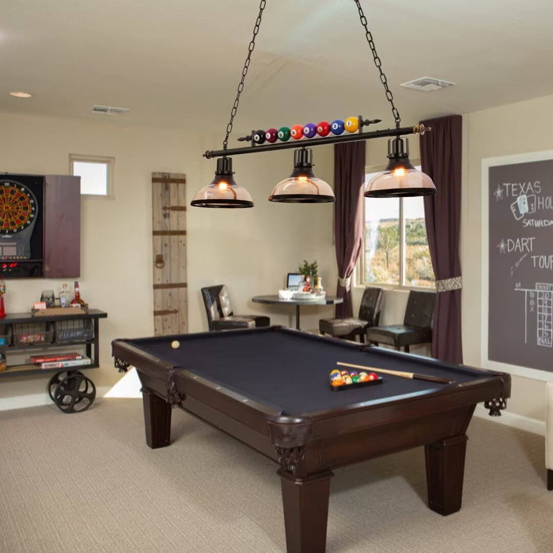 FINE MAKER Black Metal Ball Design Billiard Chandelier, Pool Table Lighting Pendant Light with 3 Glass Shades for Game Room Beer Party 7' - 8' Table