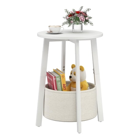 Small Round Side End Table Set of 2 with Cloth Storage Basket Round Bedside Sofa Couch Coffee Tables for Small Places with Metal Frame Modern Nighstands for Living Room Bedroom Grey