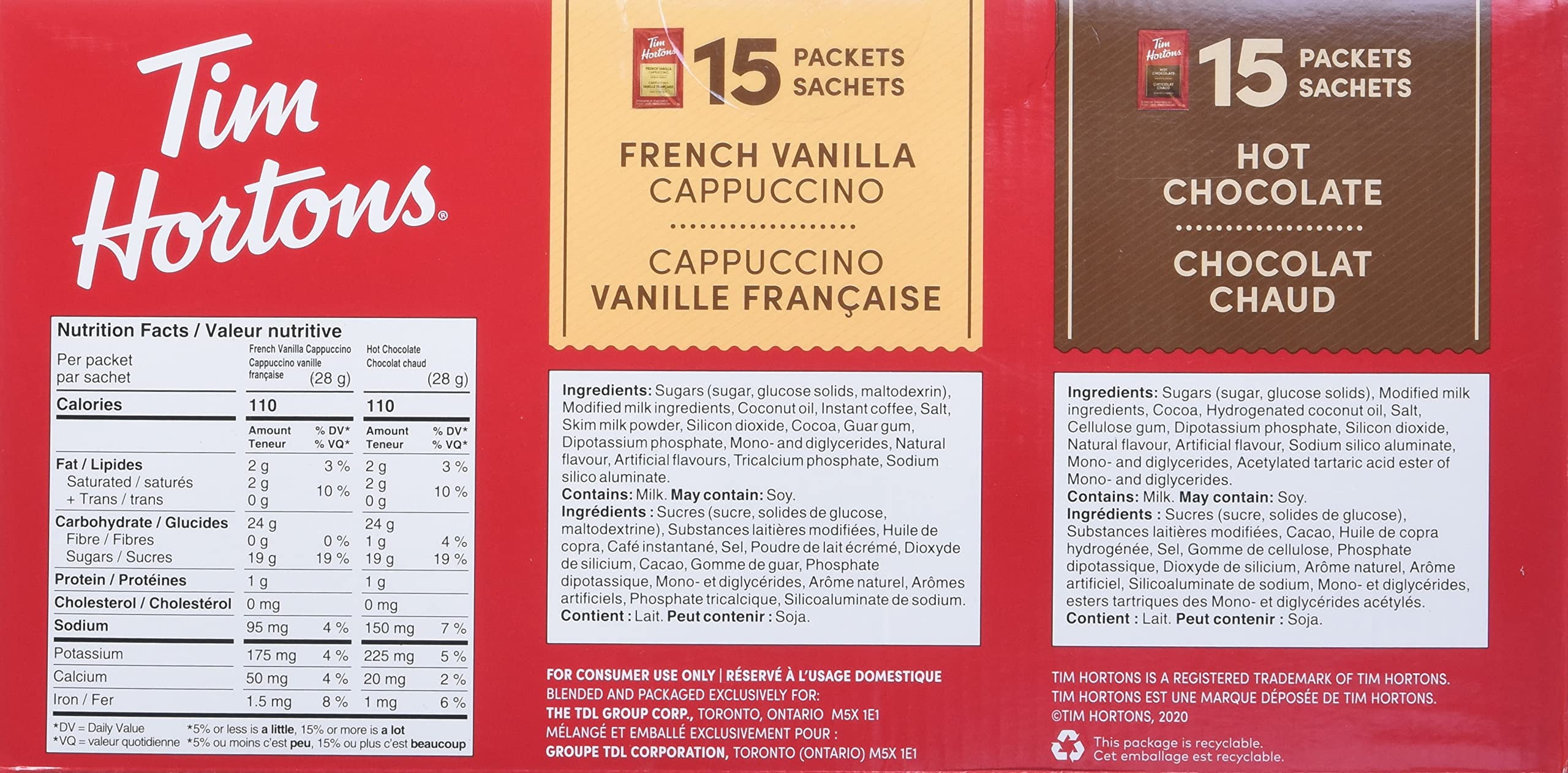 Tim Hortons ココア＆バニラ２缶セット Tim Horton's Hot Chocolate and Cappuccino Bundle - Top