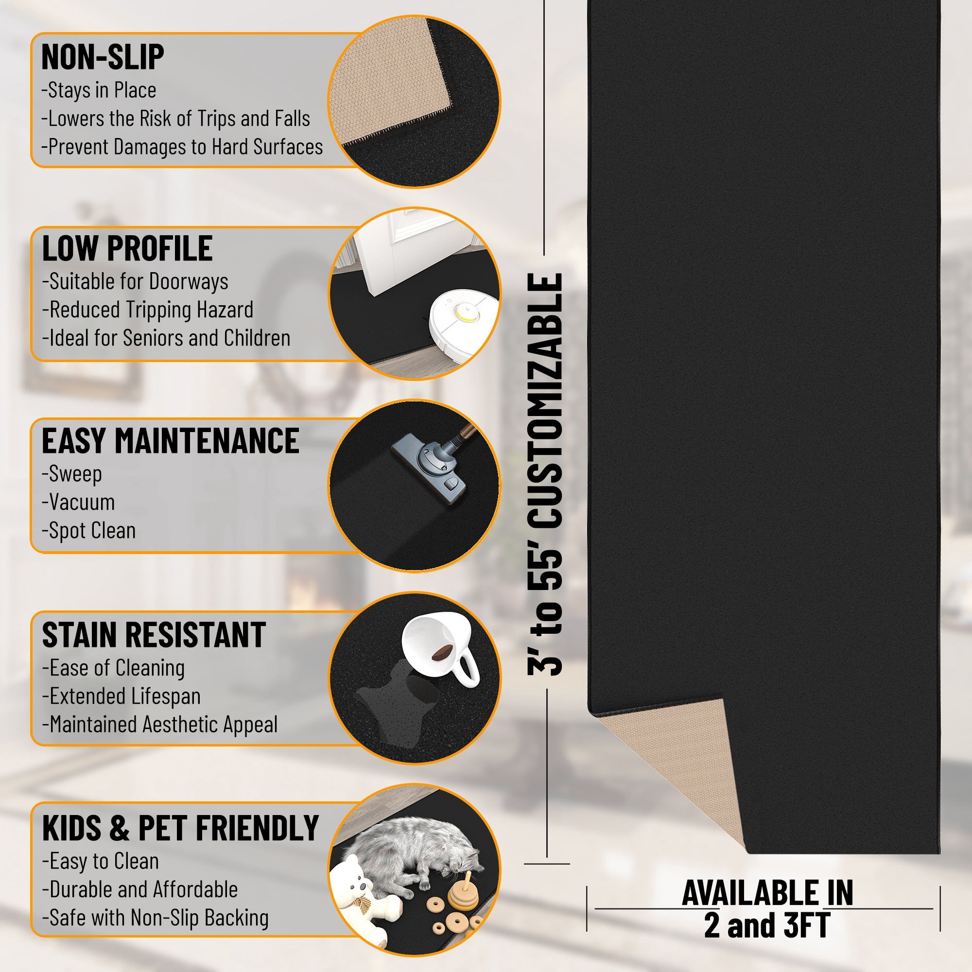 Ottomanson Extra Long Runner Rug Non-Slip Low Pile Stain Resistant, Solid Black, 2'7" x 44'