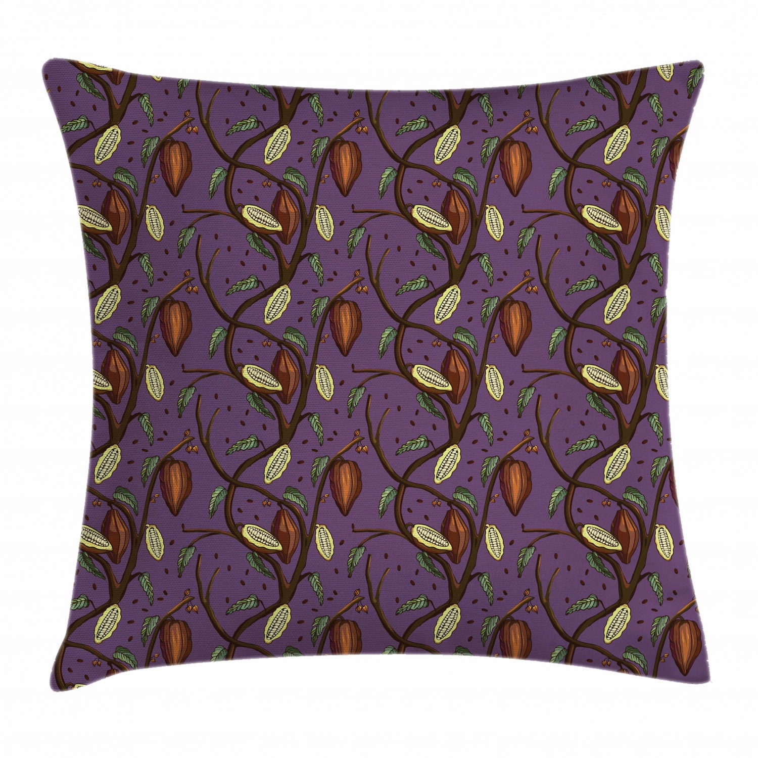 Cocoa Throw Pillow Cushion Cover, Cocoa Beans on Tree Branch with Leaf