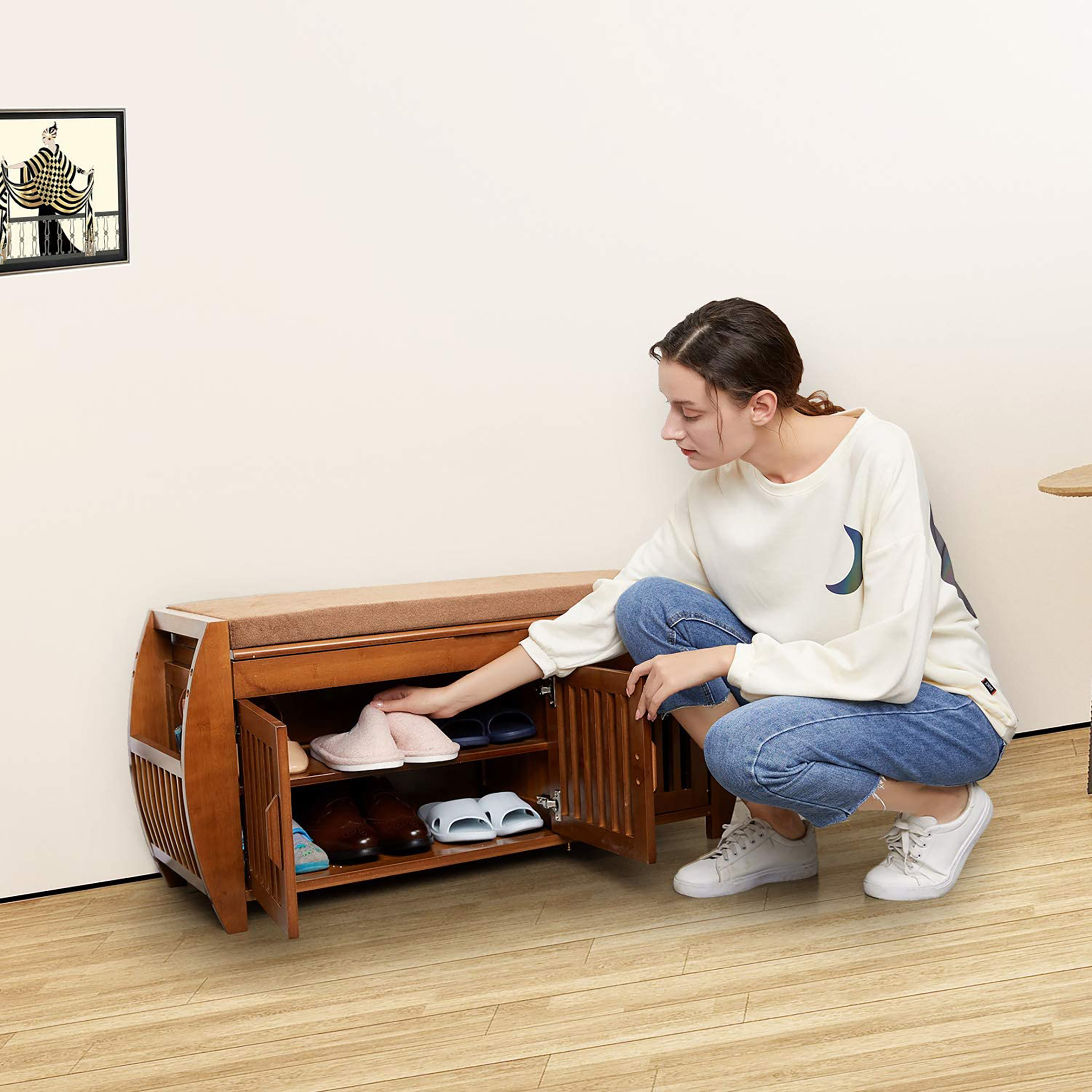 BALANBO Bamboo Shoe Benches & Shoe Rack, Entryway Storage Organizer,Detachable Cushion with Hidden Storage Compartment