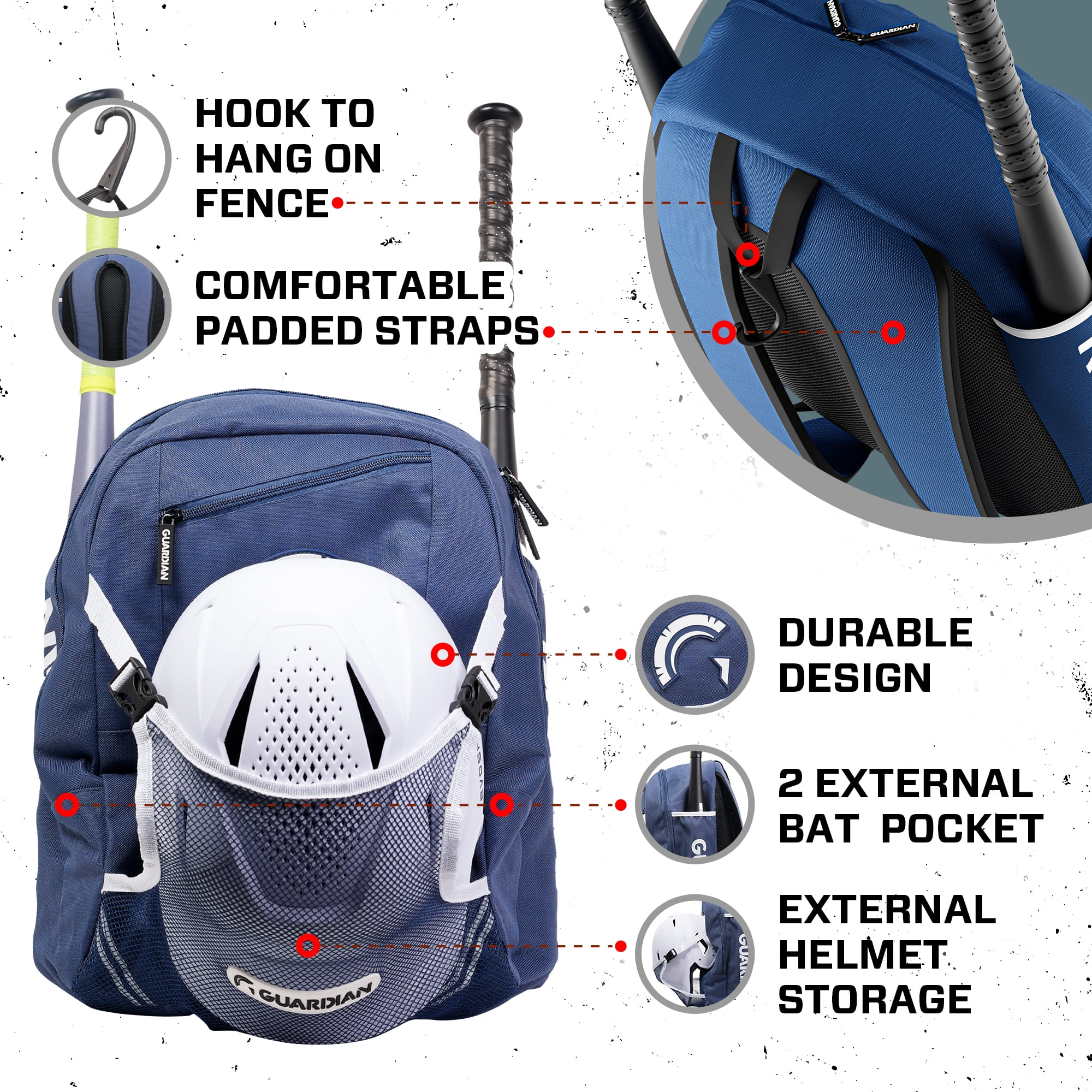 Guardian Baseball Backpack for Youth, Softball Bag for Girls, Durable Bat Bags Baseball Youth Boys and Girls, TBall Bag – Includes Hook to Hang on Fence - Navy/White
