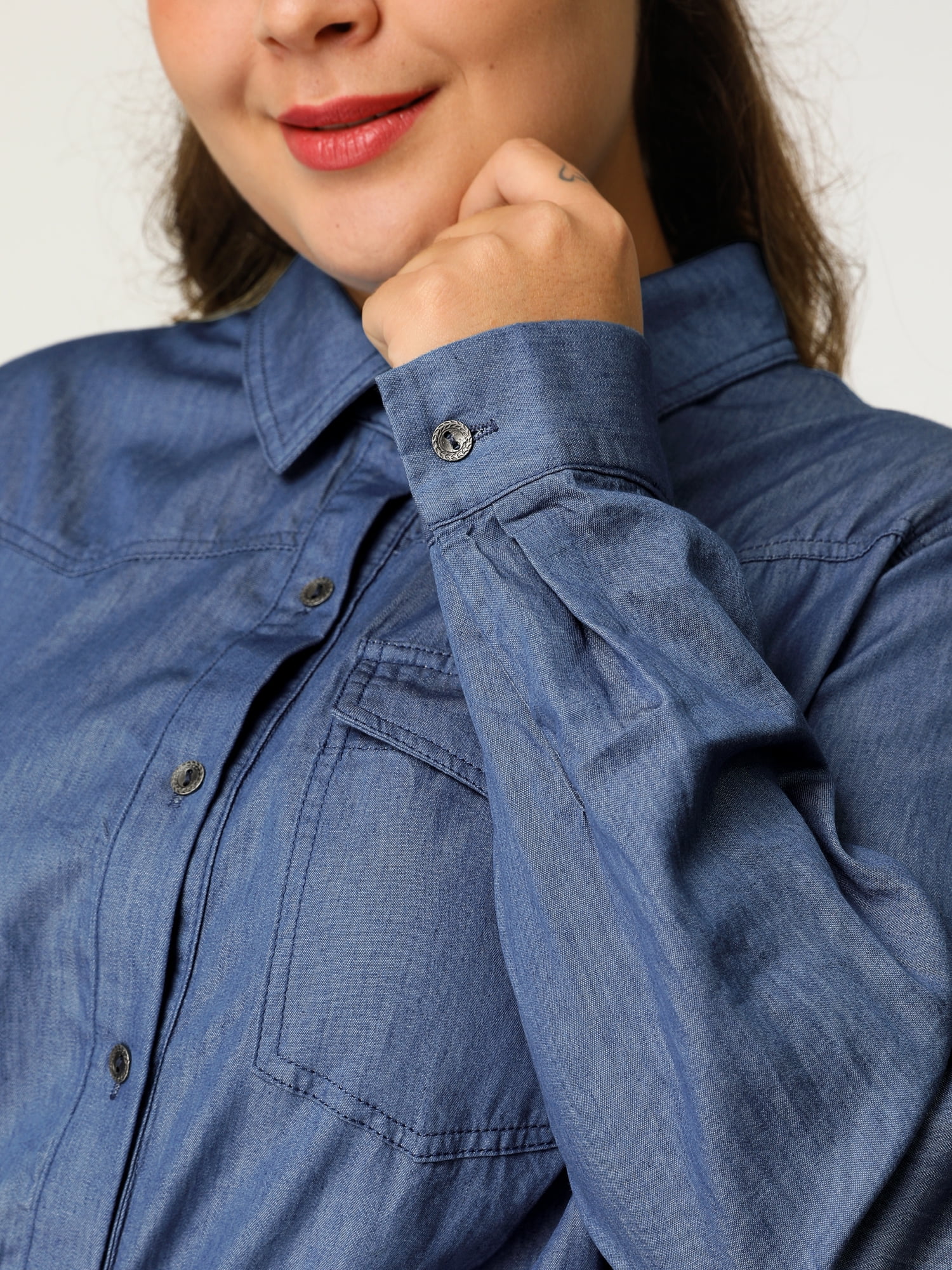 DARING DIVA Women's Plus Chest Pocket Long Sleeve Denim Chambray Shirt 5X Blue