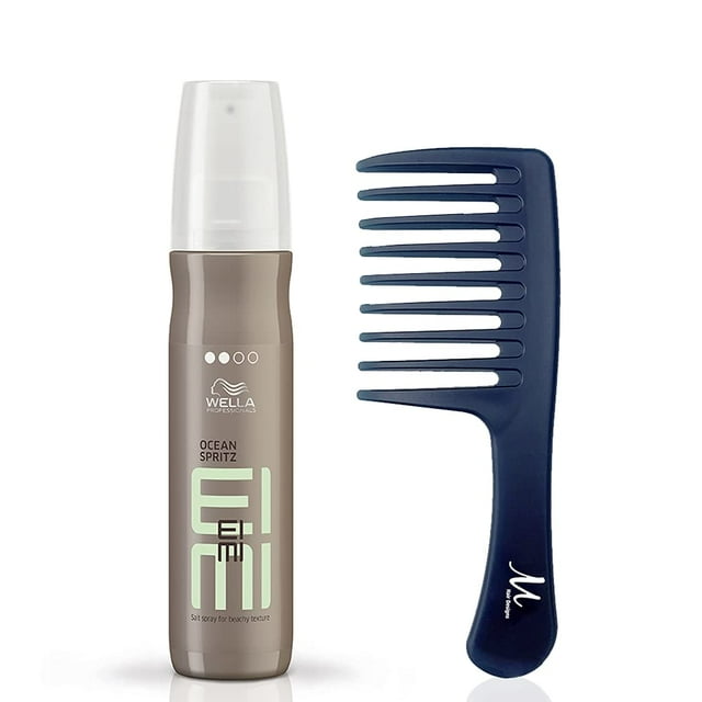 Wella EIMI Ocean Spritz Salt Hairspray 5.07 oz and M Hair Designs Detangling Comb Transluscent Blueberry Color (Bundle - 2 items)