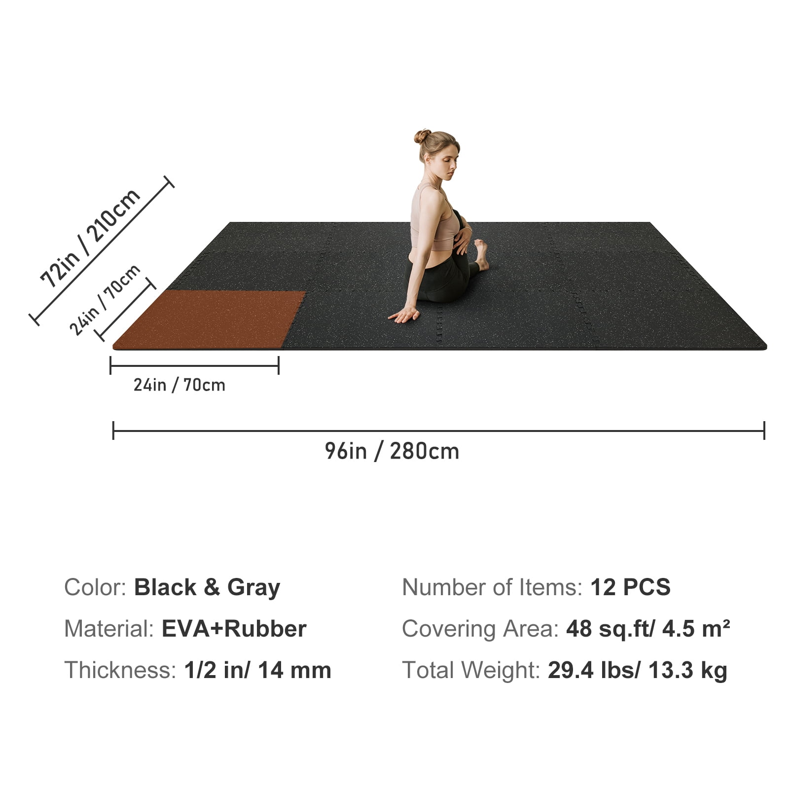 KFFKFF 6 Pieces 1/2 Inch Thick Gym Floor Mats, Covers 24 Square Feet, 24" x 24" EVA Foam and Rubber Surface Interlocking Gym Floor Mats, Waterproof Workout Puzzle Flooring for Gym, Home, Garage