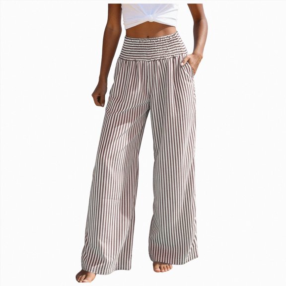 Gubotare Beach Pants for Women Wide Leg Linen Pants for Women Loose Flowy Palazzo Pants with Pockets Drawstring Trousers Summer Beach Vacation (Brown,XXL)